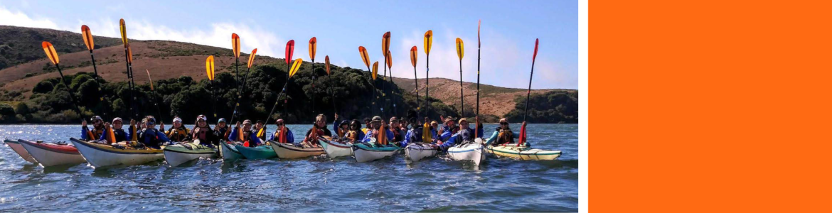 Banner image of group of canoe paddlers, facig the camera, with paddles raised in the air, in celebration.