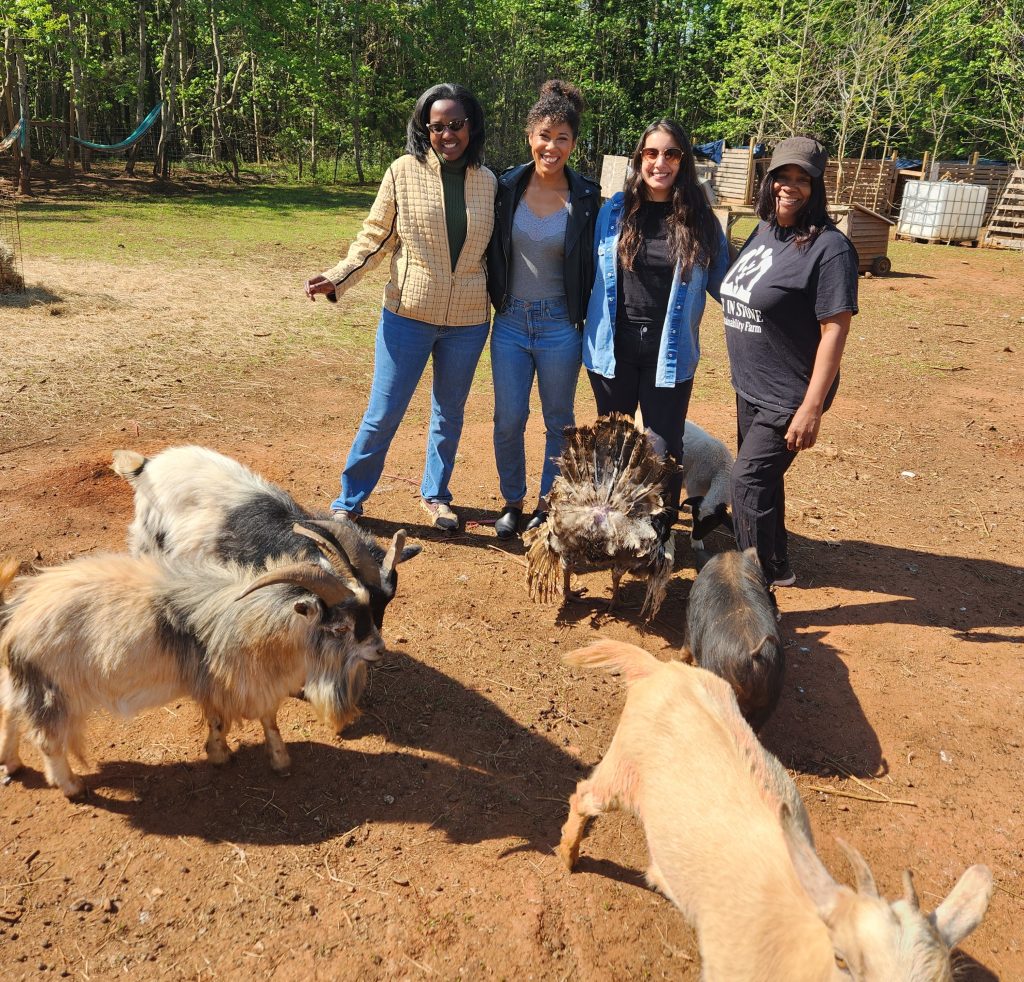 Members of the Justice Outside Liberated Paths team on the farm with two folks from the farm. Near them is a turkey as well as three goats. Behind them, there's lush green trees. 