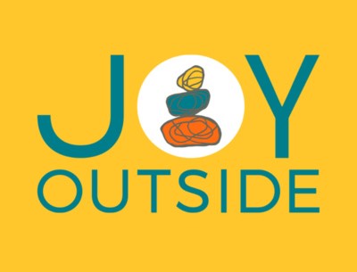 The logo for Justice Outside's podcast, Joy Outside. The logo features the name of the podcast. The "O" in "Joy" is a white circle inside which three rocks are stacked on top of each other in a cairn.